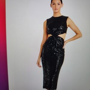 Mac Duggal Black Sequin Front Twist Cut Out Sheath Dress